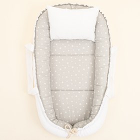 Resim Babynest ve Yastık - Çift Taraflı - Beyaz Waffle - Gri Minik Yıldızlar 