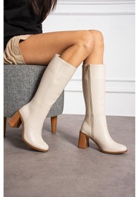 Resim Shoetek Nilsın Kadın Çizme Kalın Topuklu Fermuarlı Bej Deri Bej Cilt 