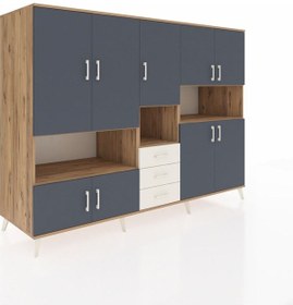 Resim Kronos Dolap 13 Raflı 3 Çekmeceli 9 Kapaklı 220x59x163 Çam-antras Çam-antrasit/aytaşı 