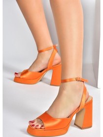 Resim Fox Shoes Turuncu Saten Kumaş Kalın Platform Topuklu Kadın Ayakka 