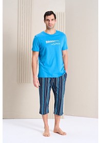 Resim Over Sleep By Poleren Erkek Pijama Takımı Kapri & Bermuda Kısa Kol Mavi 