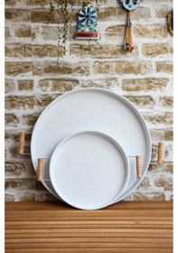 Resim Kitchen Trend Ahşap Kulplu Metal Tepsi 2'li 45 CM+Beyaz Çay Kahve Sunum Tepsisi 30 CM 