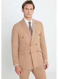 Resim Ac&Co / Altınyıldız Classics Erkek Cml Slim Fit Dar Kesim Kırlangıç Yaka Beli Bağlamalı Çizgili Esnek Kruvaze Takım Elbise Cml Camel 