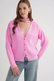 Resim Mixray 6943 Kadın V Yaka Selanik Hırka Pembe 