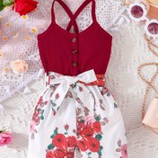 Resim Kızlar için Yaz Çiçek Desenli Kolsuz Bodysuit, Omuz Üstü Tasarım ve Kemer, Pamuk %95 Elastan %5 Örme Kumaş, Rahat Hafta Sonu Giyimi, Bermuda Etek, Çocuklar İçin Normal Beden, Dış Mekanlar İçin 