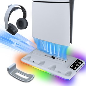 Resim PS5/PS5 Slim Konsolu için Soğutma Fanı, RGB Işık & Kulaklık Saklama Kancası ve 3 Seviyeli Soğutma Fanlı Çift Kumanda Şarj İstasyonu, PS5 & PS5 Slim Dijital/Disk için Soğutma Standı Oyun Aksesuarları 