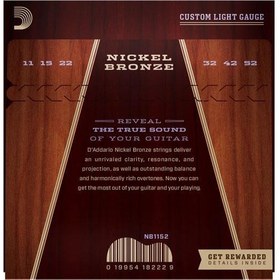 Resim D'Addario NB1152 Nickel Bronze Akustik Gitar Tel Seti - 11-52 Custom Light (Profesyonel) | Yüksek Harmonik Zenginlik, Üstün Manyetik Çıkış, Uzun Ömürlü Nikel Bronz Sargı 