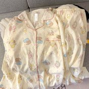 Resim Stokta Mevcut Pirinç Beyaz Esnemez Kabarık Uyku Giysisi Kadın Uzun Kollu Pantolon Yurt Ev Giyimi İlkbahar/Yaz Tatlı Yumuşak İki Parçalı Set İnce Kıyafet Rahat Sevimli Karikatür Pijama Takımı 