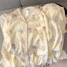 Resim Stokta Mevcut Pirinç Beyaz Esnemez Kabarık Uyku Giysisi Kadın Uzun Kollu Pantolon Yurt Ev Giyimi İlkbahar/Yaz Tatlı Yumuşak İki Parçalı Set İnce Kıyafet Rahat Sevimli Karikatür Pijama Takımı 