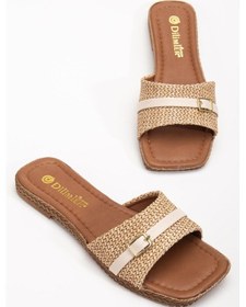 Resim Kadın Düz Topuk Terlik Bej Hasır Kalın Tek Bant-3901 Bej 