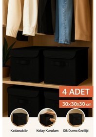 Resim 4 Lü Siyah Kapaklı Kumaş Dolap İçi Düzenleyici Kutu - 30x30x30 Cm Katlanabilir Saklama Kutusu Çok Renkli 