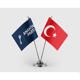 Resim Mavi Anahtar Parti Bayrağı Ve Türk Bayrağı İkili Saten Masa Bayrağı Takımı Diğer 