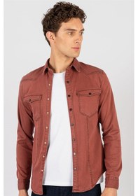 Resim Tudors Slim Fit Dar Kesim Uzun Kol Erkek Kot Gömlek-20958 Bordo 