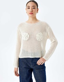 Resim Ajurlu Aplike Çiçek Detaylı Uzun Kollu Triko Kazak 