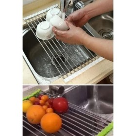 Resim Kararlı Ticaret Evye Üstü Katlanır Nihale Paslanmaz Çelik Pratik Sebze Meyve Bulaşık Kurutma Süzgeci 