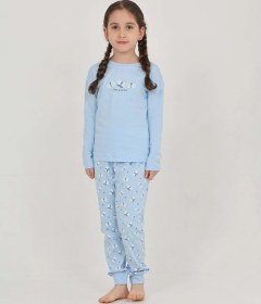 Resim Toontoy Kız Çocuk Kelebek Baskılı Pijama Takım Mavi 