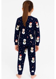 Resim Unisex Yılbaşı Kardan Adam Desenli Çocuk Pijama Takımı Lacivert 