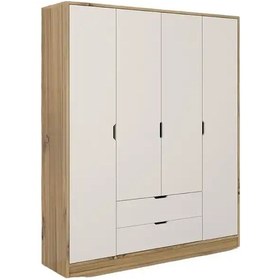 Resim Nisan Açık Ceviz-beyaz 140 Cm 4 Kapılı 2 Çekmeceli Elbise Dolabı - Gardırop Açık Ceviz & Beyaz 