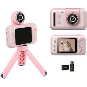 Resim Konesam Çocuklar İçin 1080p Full Hd Flip Lensli Pembe Mini Fotoğraf Makinesi - 20mp, 32gb Kart, Tripod Ve Eğlenceli Özellikler 