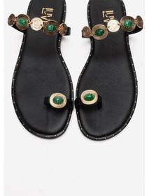 Resim Luvishoes Martınez Siyah Yeşil Tokalı Hakiki Deri Kadın Parmak Arası Terlik 