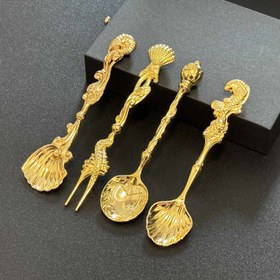 Resim Deniz Aşkı 4'lü Harika Vintage Tarzı Pasta Dondurma Kahve Kaşık Çatal Seti - Açık Hava Tatlı Masaları ve Partiler için Mükemmel 