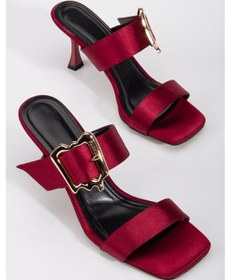 Resim Kadın Topuklu Terlik Bordo Saten Tek Bant Aksesuarlı-3965 Bordo 