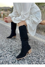 Resim POLKA STORE Desert Uzun Diz Altı Western Süet Siyah Kadın Körüklü Kovboy Çizme 