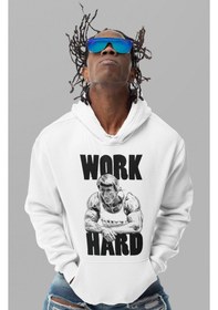 Resim Sevbano Tasarım Arnold Work Hard Bodybuilding Fitness Gym Baskılı Unisex beyaz 