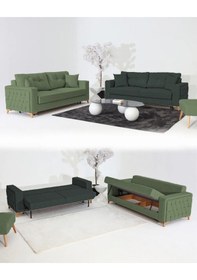 Resim Nola Koltuk Takımı 3+3 & Bazalı Yataklı Koltuk & Kanepe - Keten Yeşil-koyu Yeşil 