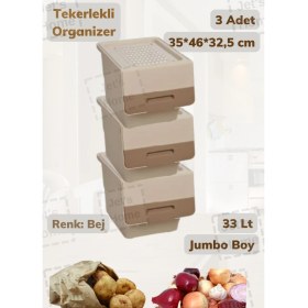 Resim 3’lü Tekerlekli Patateslik Soğanlık BPA Free Erzak Kutusu Oyuncaklık Sebzelik Krem 33 Lt 