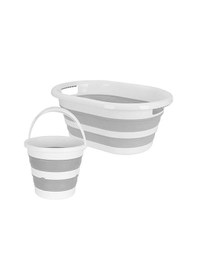 Resim 2'li Set Katlanabilir Çamaşır Sepeti Katlanabilir Akordiyon Su Kovası Yeni Nesil Temizlik Seti Beyaz - Gri 