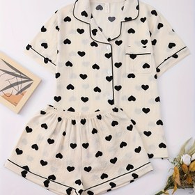 Resim Kadın Siyah Kalp Baskılı Pijama Takımı, Kısa Kollu Düğmeli Gömlek ve Şort, Nefes Alabilir ve Rahat Günlük Uyku Giyimi, Günlük Giyim|Canlı Baskılı Üst|Kısa Kollu Gömlek 