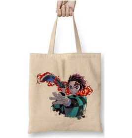 Resim Toyaso Demon Slayer İblis Keser Tanjiro Firebeyaz Bez Çanta Uzun Saplı Alışveriş Çantası Plaj Çantası Beyaz 