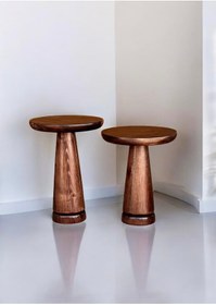 Resim ASELYA HOME Ahşap 2’li Set Mantar Yan Sehpa Modern Ceviz Renk Fiskos Zigon Çiçeklik 