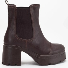 Resim Topuklu Bot Kadın Platform Kahverengi Parçalı Elastik Kalın Taban-4196 Kahve 