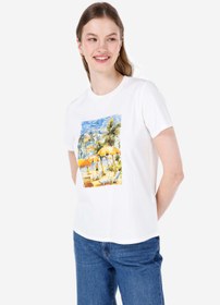 Resim Regular Fit Örme Cepsiz Yuvarlak Yaka Baskılı Kadın Beyaz Kısa Kol Tişört 