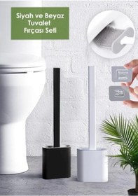 Resim 2li Set Beyaz Ve Siyah Renk Silikon Tuvalet Fırçası Set Bükülebilir Pratik Silikon Wc Klozet Fırçası 
