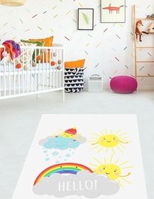 Resim Pelangi Güneş Bulut ve Gökkuşaklı Yıkanabilir Kaymaz Taban Leke Tutmaz Çocuk Odası Halısı, Mavi-Sarı-Beyaz-Gri 60 x 200, 903868014960200 