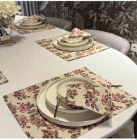 Resim Keten 6 Lı Rosa Desen 6 Amerikan Servis & 1 Runner 6 Peçete Çok Renkli 