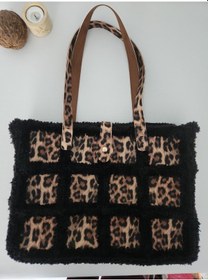 Resim Fikriharika Design Leopar Desenli, Kürk İp, Büyük Boy, Kadın Omuz Çantası Siyah - Leopar 