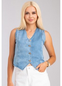 Resim Bold & Young Kadın Bleach Yıkama Lyocell İnce Denim Kumaş Kot Yelek Bleach Yıkama Mavi 