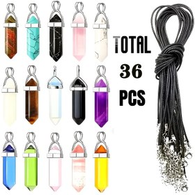 Resim 36 adet Çok Renkli Kristal Taş Çift Noktalı Kolye Ucu, Siyah Taklit Kolye ile, Altıgen Taş Kuvars Mermi Şekilli DIY Charm Boncuklar, Kolye Bilezik Küpe Takı Yapımı için Uygun, İdeal Tatil Hediyesi 