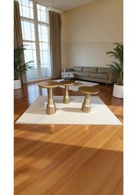 Resim El Yapımı Ahşap Mantar Yan Sehpa 3 Lü Set Altın Varak Renk Bej 