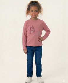 Resim Kız Çocuk Pembe Kelebek Baskılı Sweatshirt - Gümüş Simli Detaylı İnce Penye Sweat Pembe 