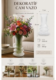 Resim Dekoratif Cam Vazo 25 Cm Şeffaf Çizgili Modern Çiçek Vazosu 1520 Ml Salon Masa Vazosu 