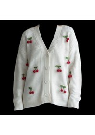 Resim Triko Kiraz Detaylı Cotton Angora Yünlü Uzun Kollu Kazak Beyaz 