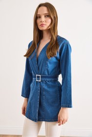 Resim Olalook Kadın Orta Mavi Kuşaklı Mevsimlik Denim Ceket CKT-19000515 