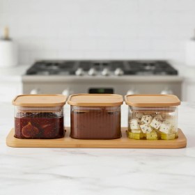 Resim Delixa 3'lü Bambu Kapaklı Cam Kahvaltılık ve Kuruyemişlik, 7 Parça Tepsili Kahvaltı ve Çerezlik Seti, Vakum 