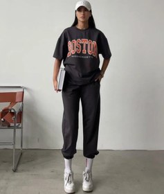 Resim DUBU BUTİK Boston T-shirt Eşofman Altı Jogger - Füme Baskılı Alt Üst Eşofman Takımı Oversize Bisiklet Yaka 