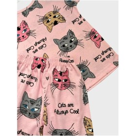 Resim Kız Çocuk Pamuklu Pembe Kedi Desenli Kısa Kollu Şortlu Yazlık Pijama Takımı 